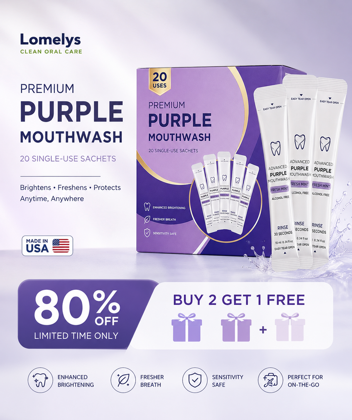 🔥BUY 2 GET 1 FREE:Purple Mouthwash Sachets — 30-Second Fresh Mint Rinse for a Brighter-Looking Smile