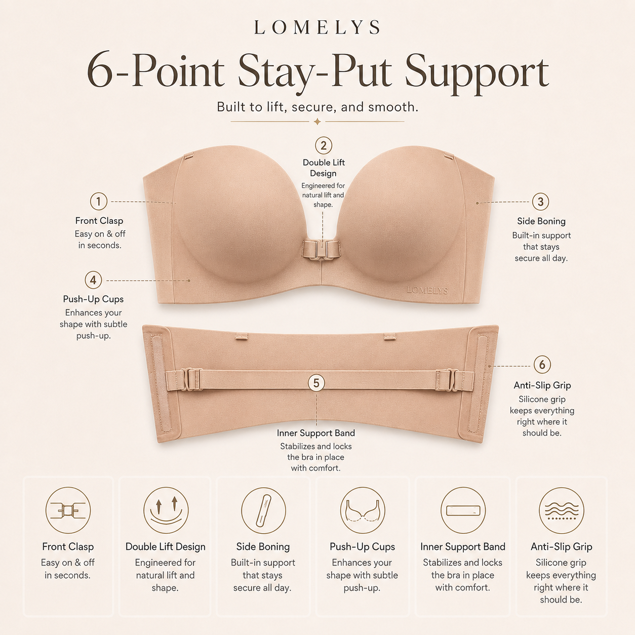 Strapless Bra That Stays Up | Supportive No Slip Bra - Lomelys