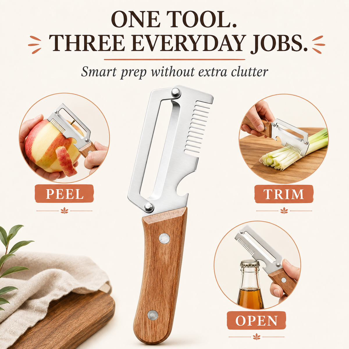 🔪3-in-1 Stainless Steel Vegetable Peeler, Julienne Cutter and Bottle Opener✨（upsell）