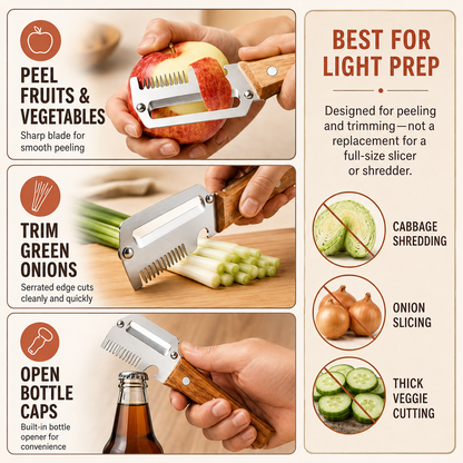 🔪3-in-1 Stainless Steel Vegetable Peeler, Julienne Cutter and Bottle Opener✨（upsell）